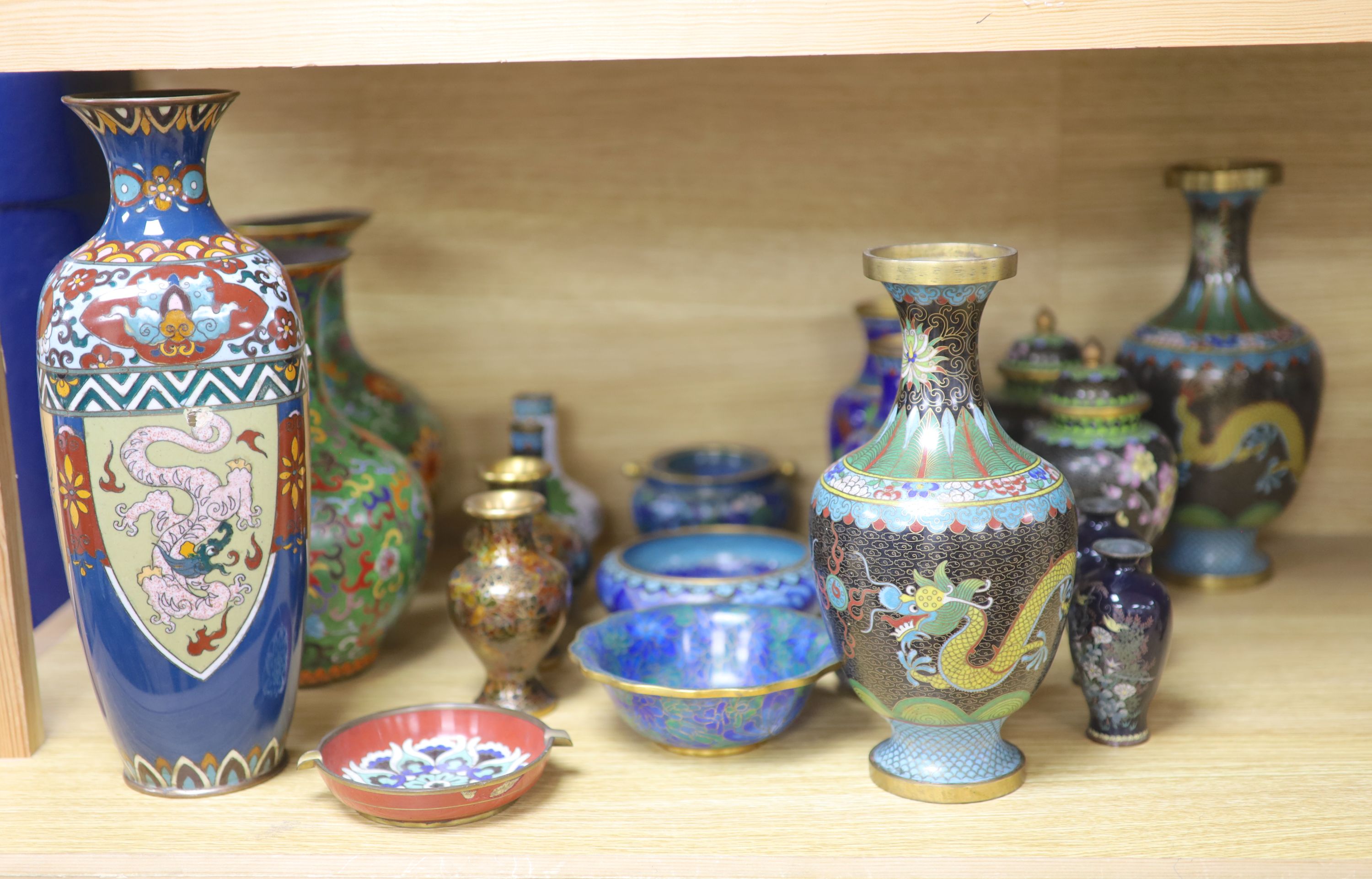 A large collection of cloisonne vases, pots, bowls etc, tallest 31cm
